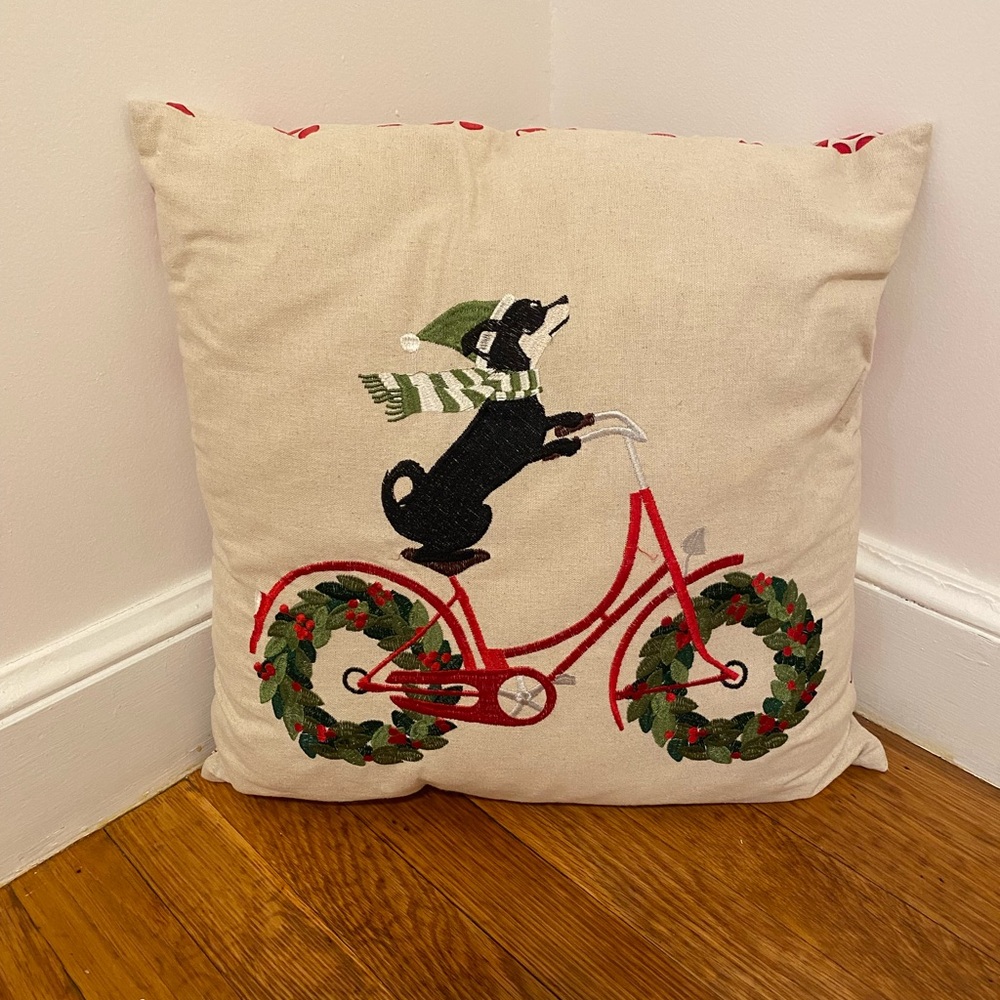16" "Dog on Bike" Traditional Christmas Throw Pillow